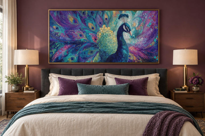 Purple and green peacock canvas wall art hanging above a bed in a modern bedroom.
