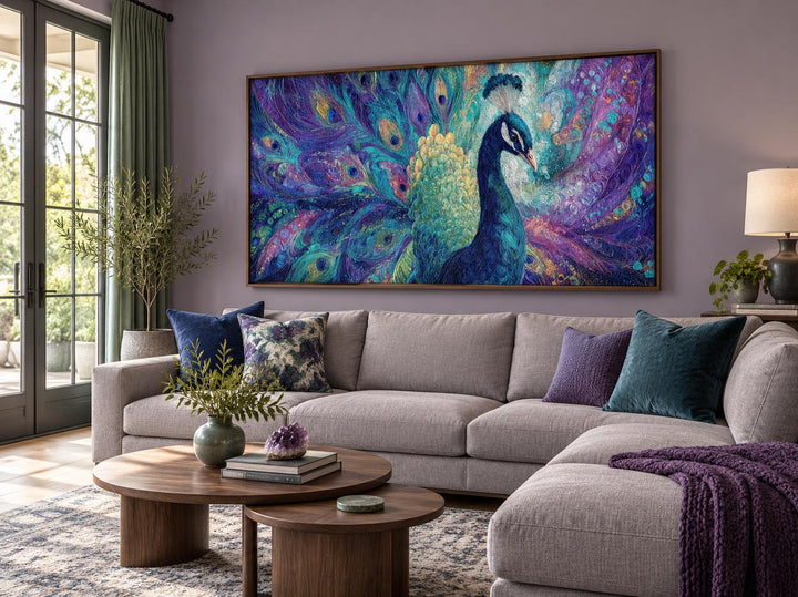 Large horizontal canvas wall art of a peacock with vibrant purple, green, and blue plumage.
