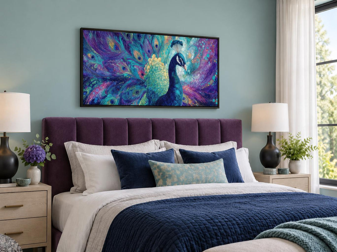 Purple and Green Peacock Canvas Wall Art above a purple velvet headboard in a modern bedroom.