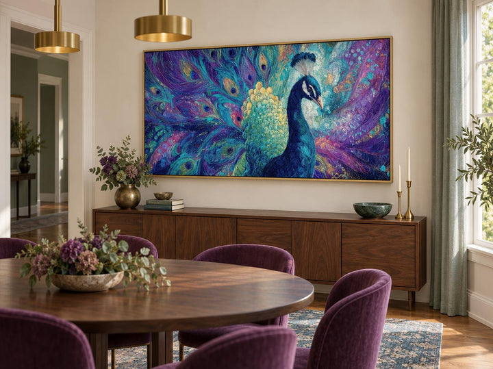 Purple and Green Peacock Canvas Wall Art above a wooden sideboard in a modern dining room.