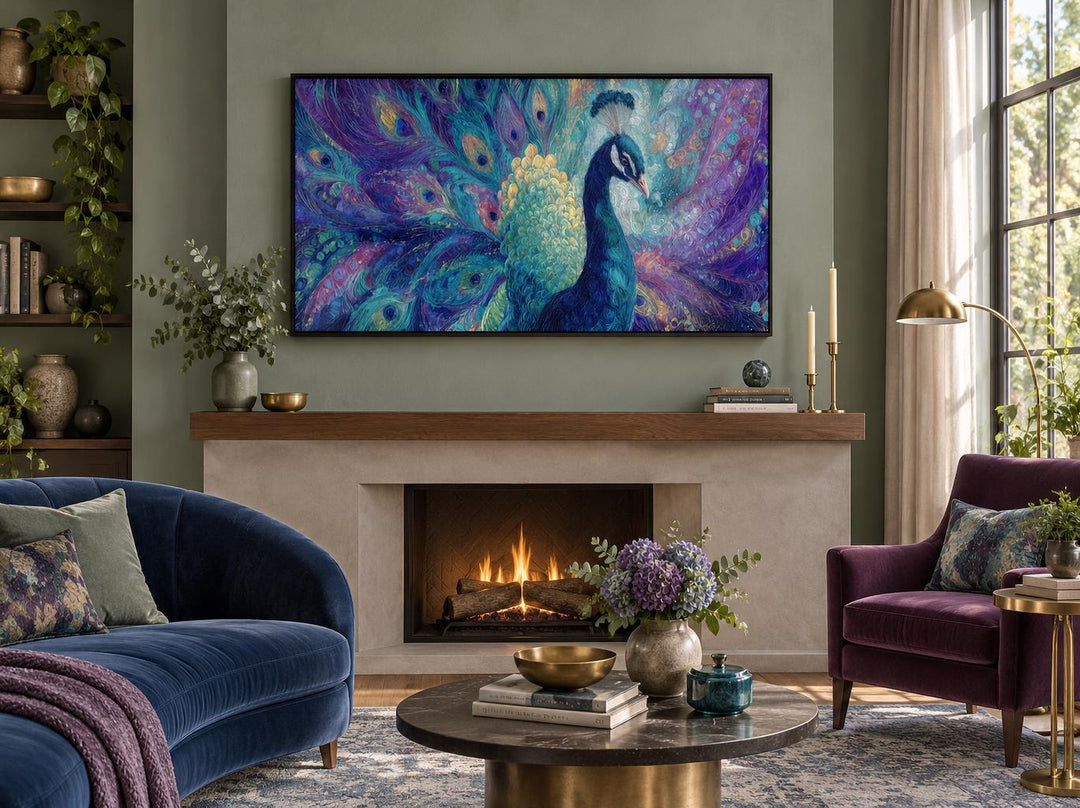 Purple and Green Peacock Canvas Wall Art hanging above a fireplace in a modern living room.