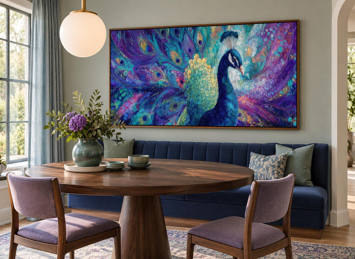 Purple and Green Peacock Canvas Wall Art above a dining table with blue and purple seating.