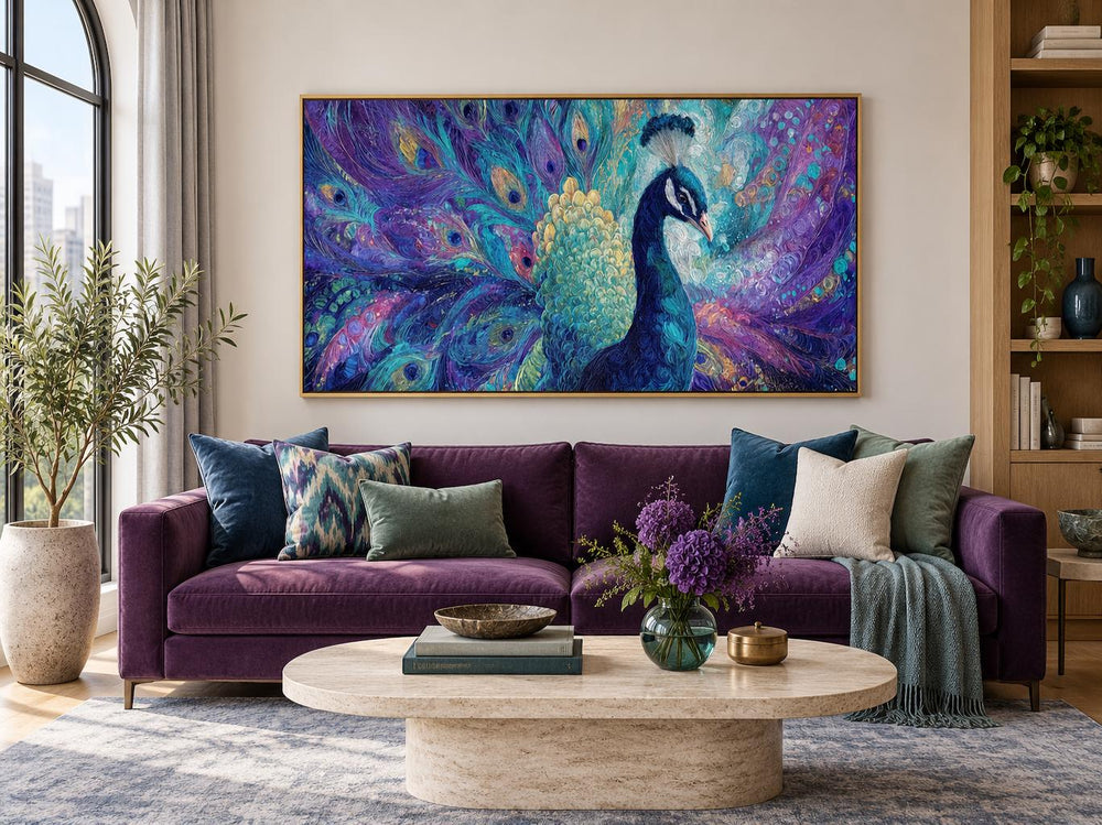 Purple and green peacock canvas wall art hanging above a purple sofa in a modern living room.