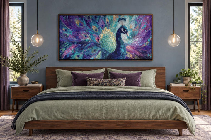 Purple and Green Peacock Canvas Wall Art above a bed in a modern bedroom setting.