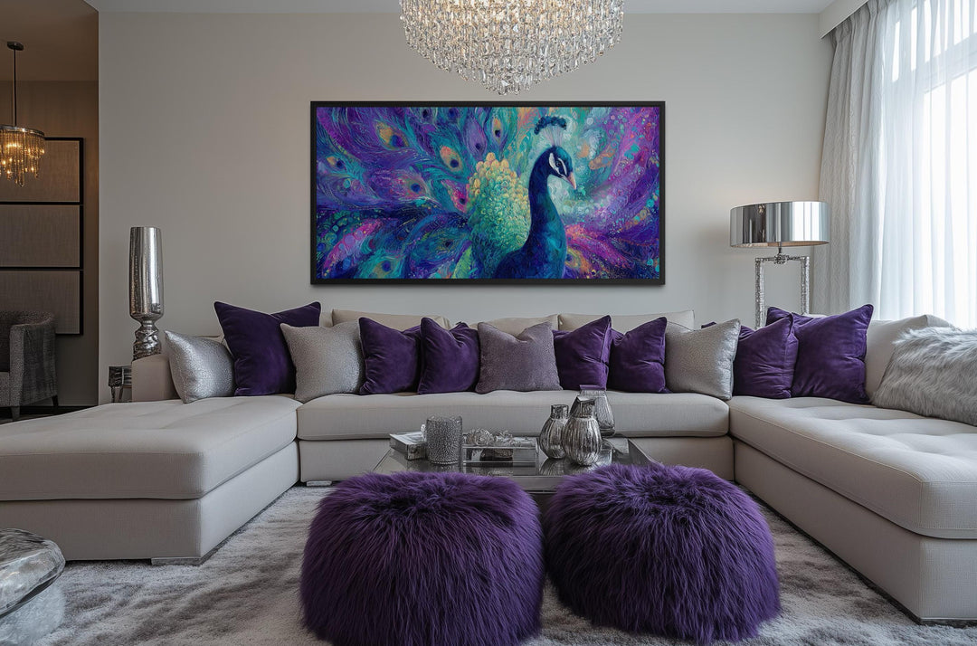 Purple and Green Peacock Canvas Wall Art hanging above a modern sofa in a living room.