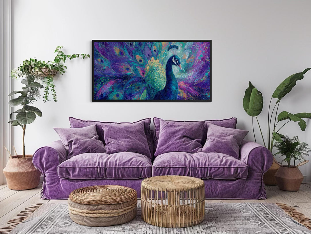 Purple and Green Peacock Canvas Wall Art hanging above a purple velvet sofa in a bright living room.