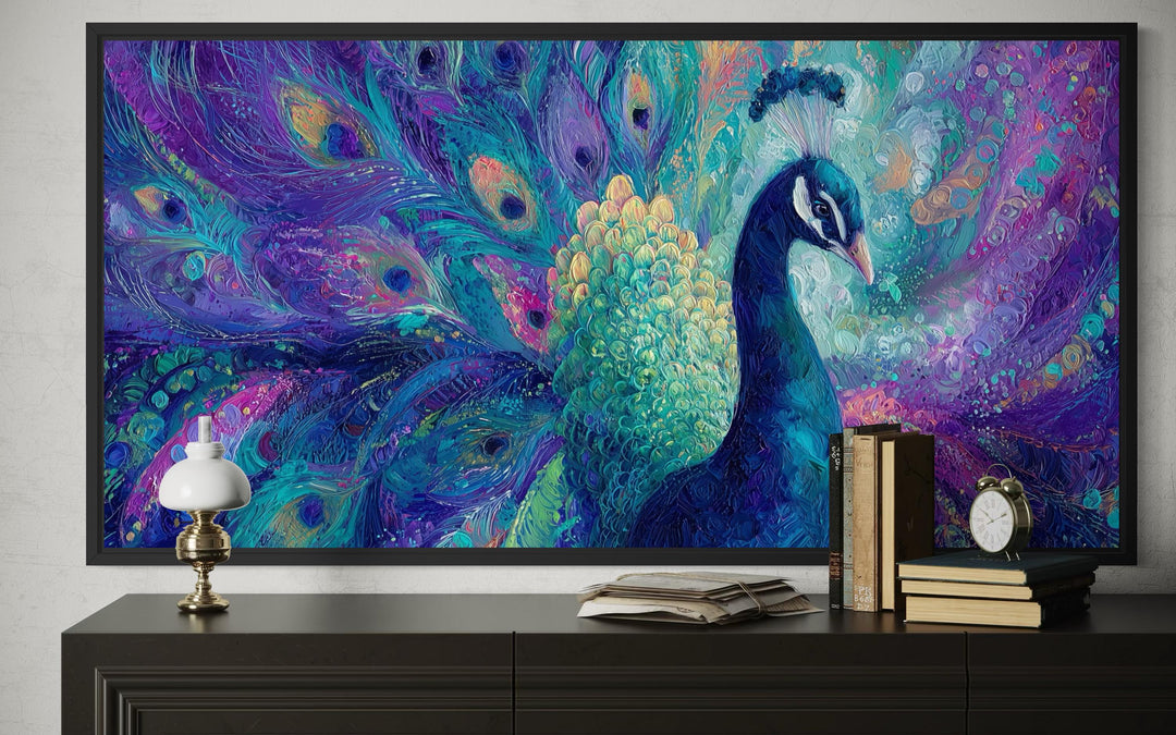 Purple and Green Peacock Canvas Wall Art featuring a vibrant, textured bird with ornate plumage.