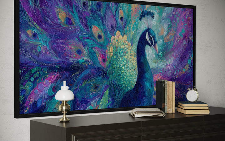 Purple and Green Peacock Canvas Wall Art displayed above a dark wood sideboard with decor.