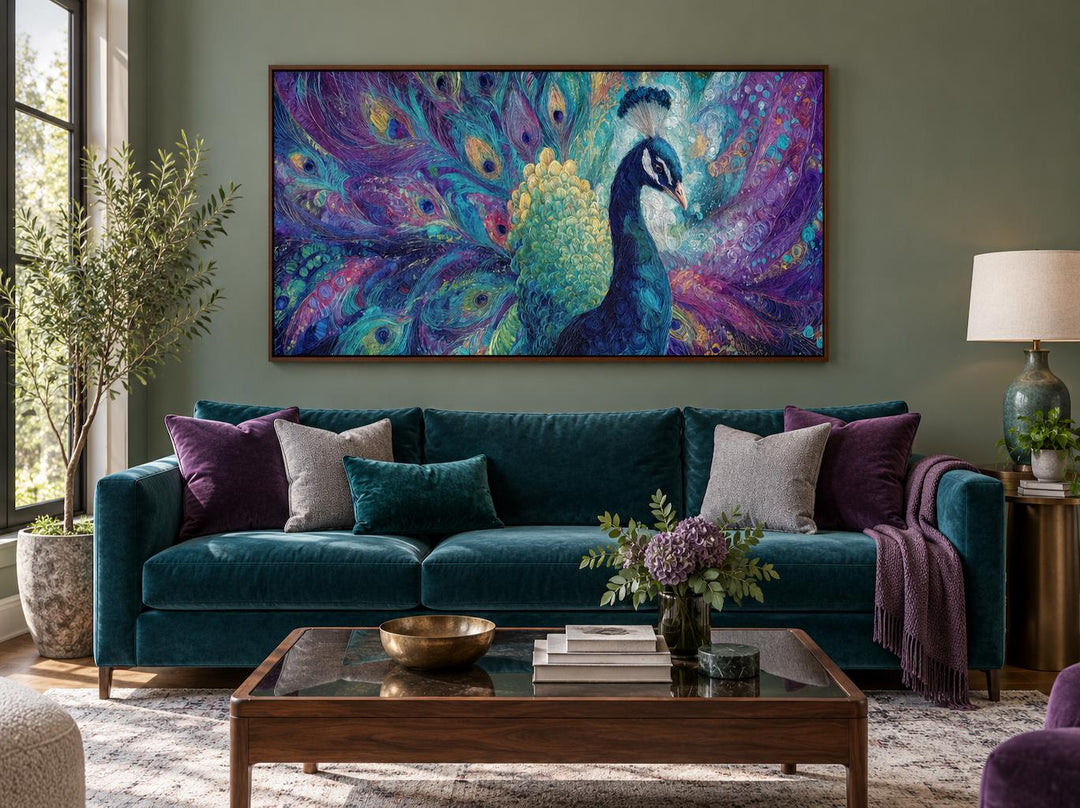 Purple and Green Peacock Canvas Wall Art hanging above a teal velvet sofa in a living room.