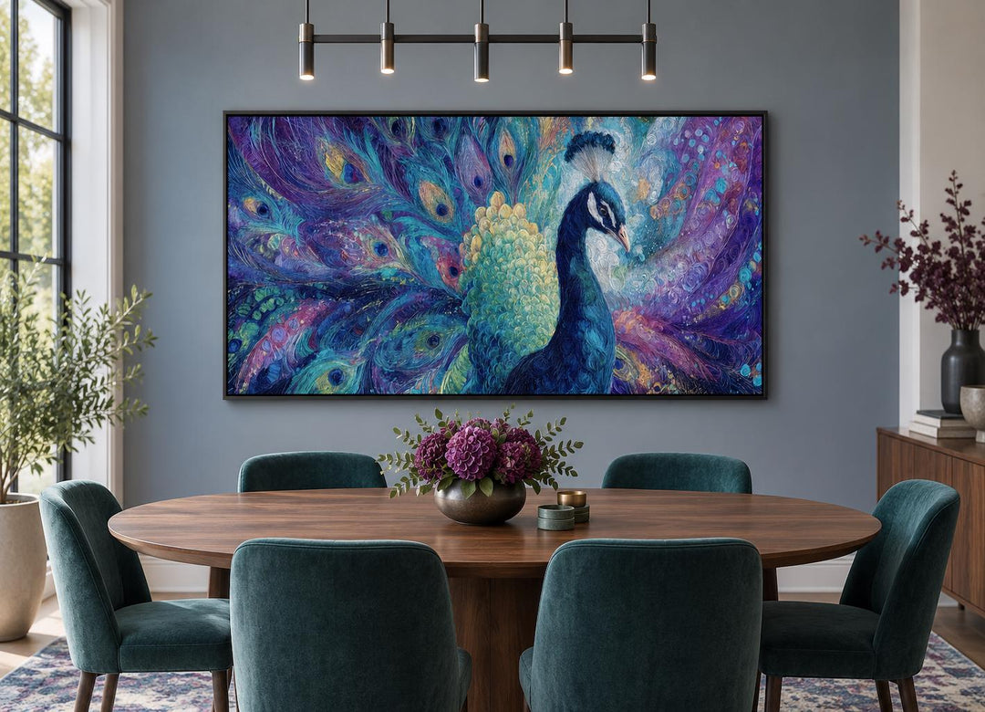 Purple and Green Peacock Canvas Wall Art hanging in a modern dining room above a wooden table.