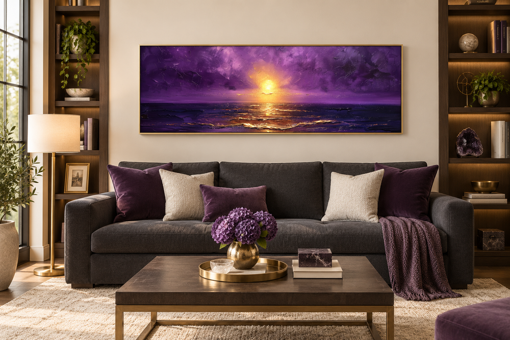 Long horizontal canvas print of a purple and gold ocean sunset above a dark grey sofa.