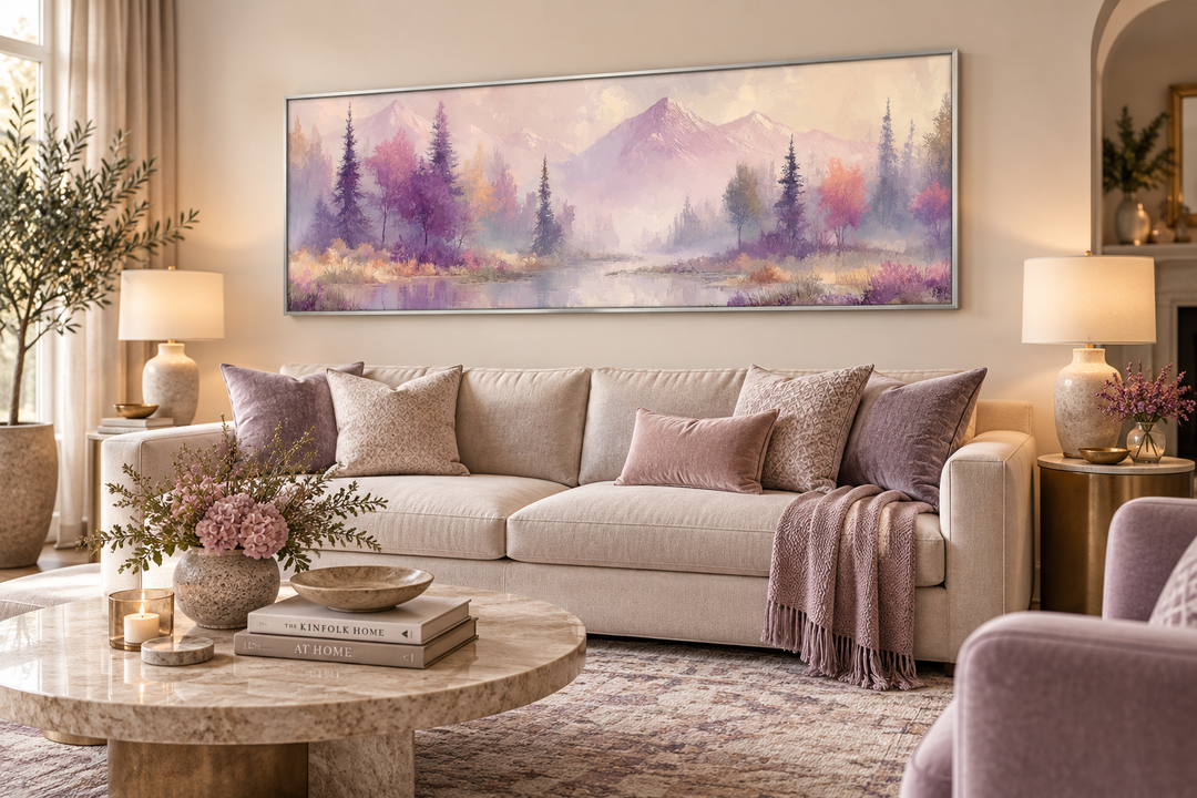 Purple lake mountains and trees landscape long horizontal wall art above a beige sofa.