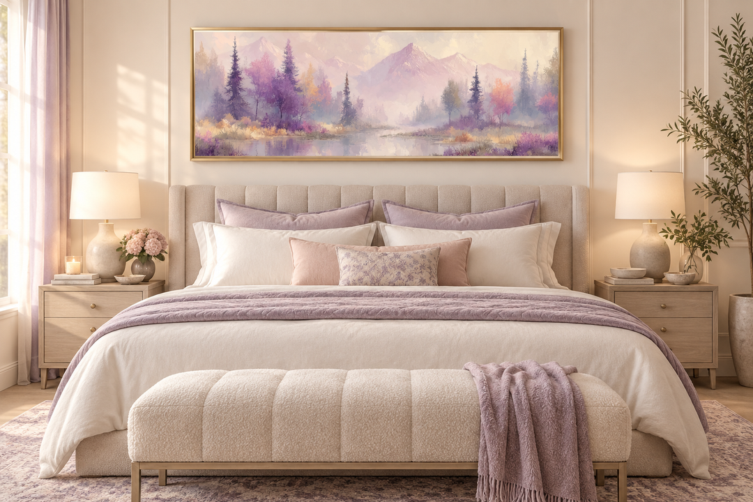 Long horizontal wall art of a purple lake and mountain landscape above a bed in a neutral bedroom.