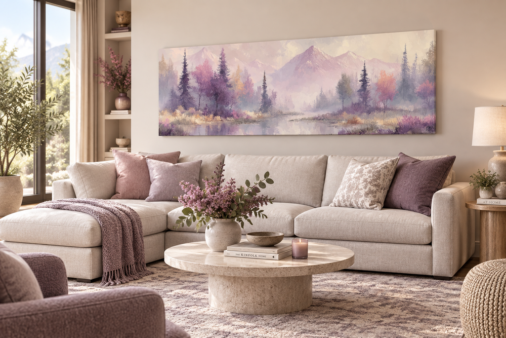 Long horizontal wall art of a purple lake landscape with mountains and trees above a beige sofa.