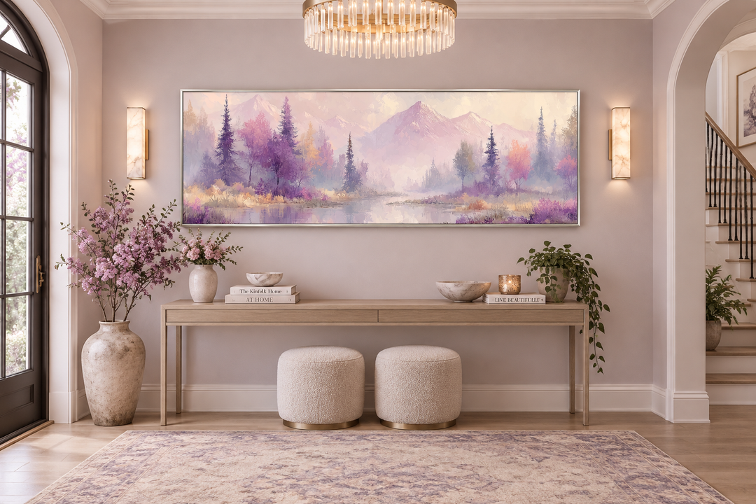 Purple lake mountains and trees landscape long horizontal wall art above a console table.