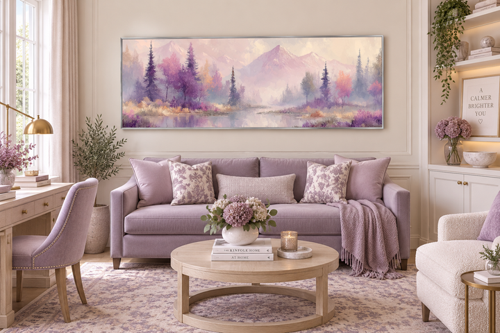 Long horizontal wall art of a purple lake landscape with mountains and trees above a lavender sofa.
