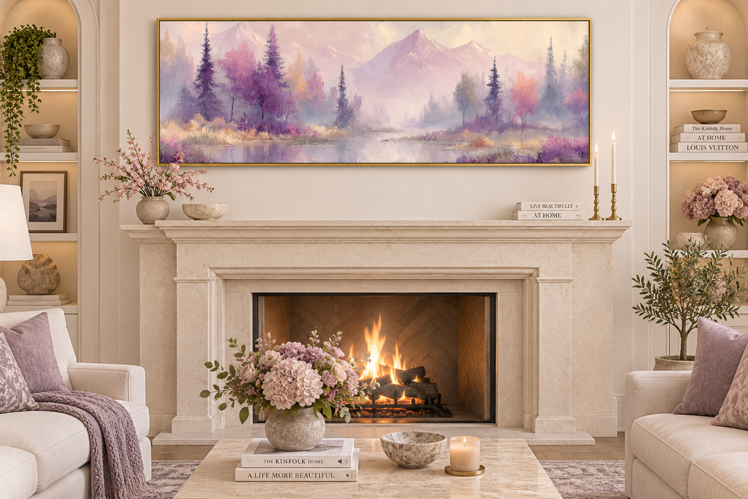 Long horizontal wall art of a purple lake landscape with mountains and trees above a fireplace.
