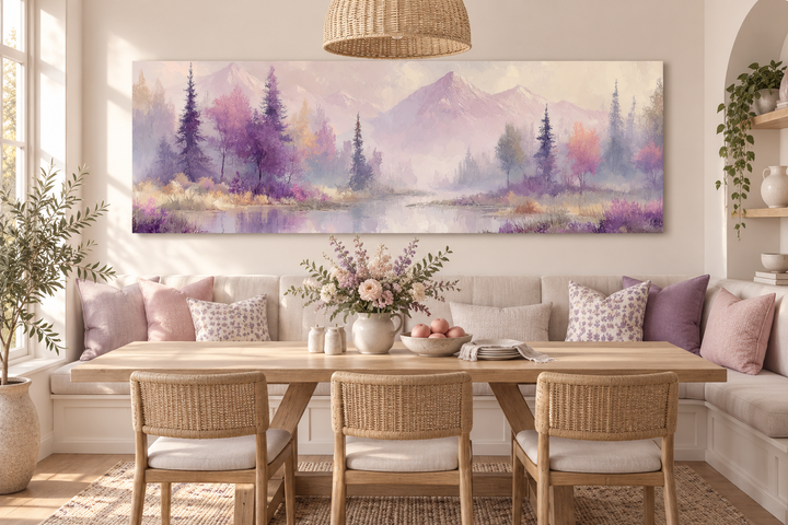 Long horizontal wall art of a purple lake and mountain landscape above a dining nook.