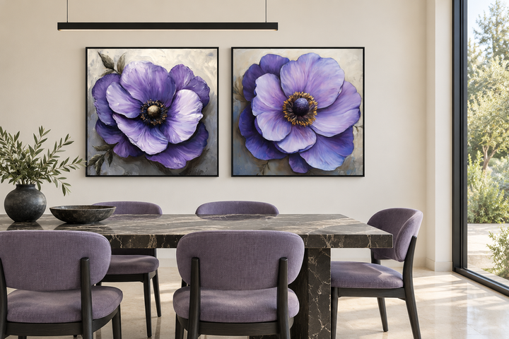 Set of 2 large purple flower framed canvas wall art pieces above a modern dining table.