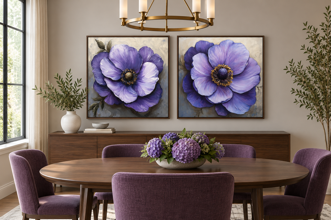 Set of 2 large purple flower framed canvas wall art panels above a dining room sideboard.