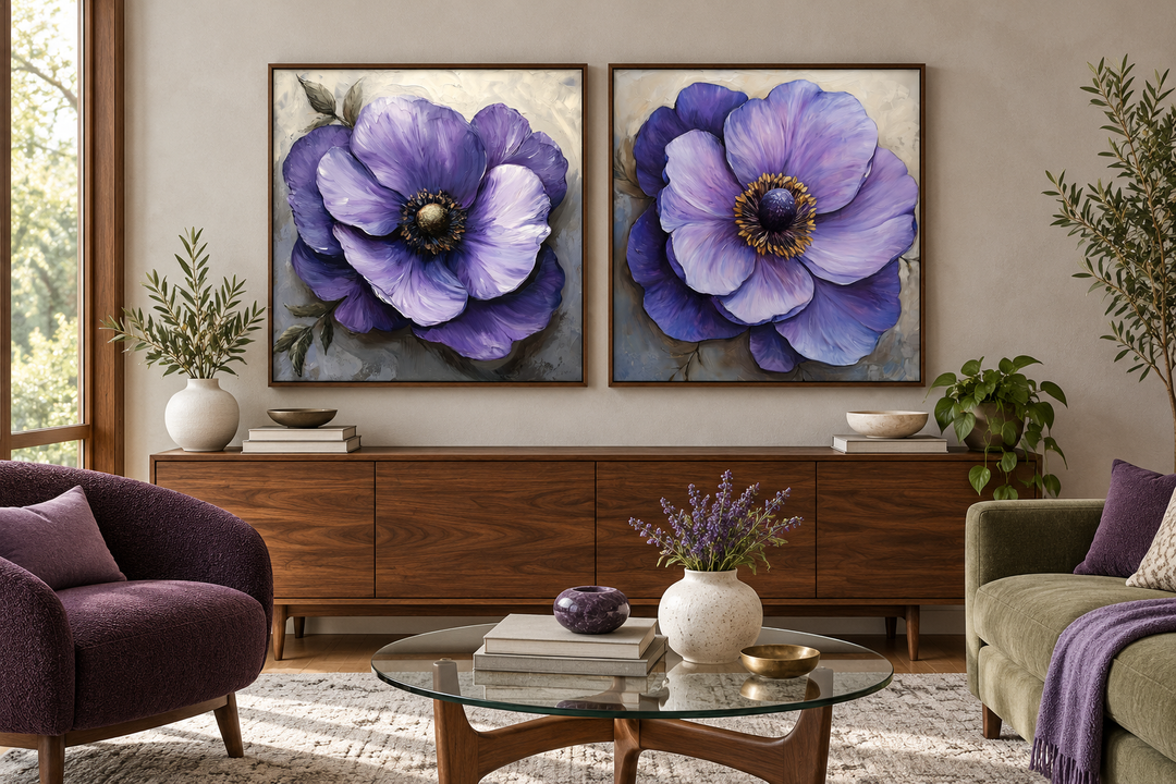 Set of 2 large purple flower framed canvas wall art panels above a mid-century modern sideboard.