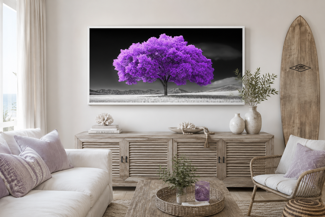 Purple Tree on Black White Background Framed Canvas Wall Art in a modern living room setting.