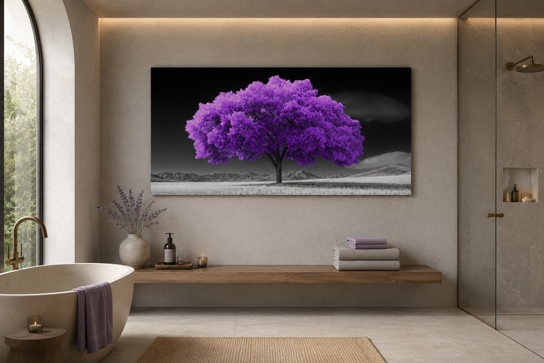 Purple tree on black and white background framed canvas wall art in a modern bathroom setting.