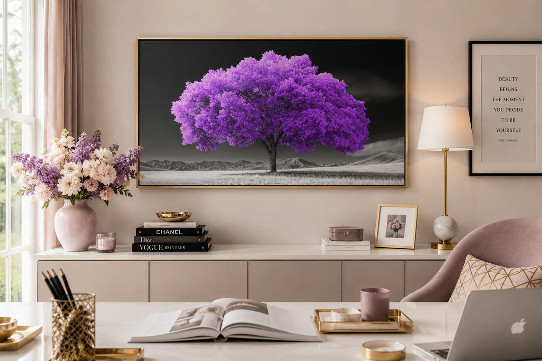 Framed canvas wall art featuring a vibrant purple tree against a black and white landscape.