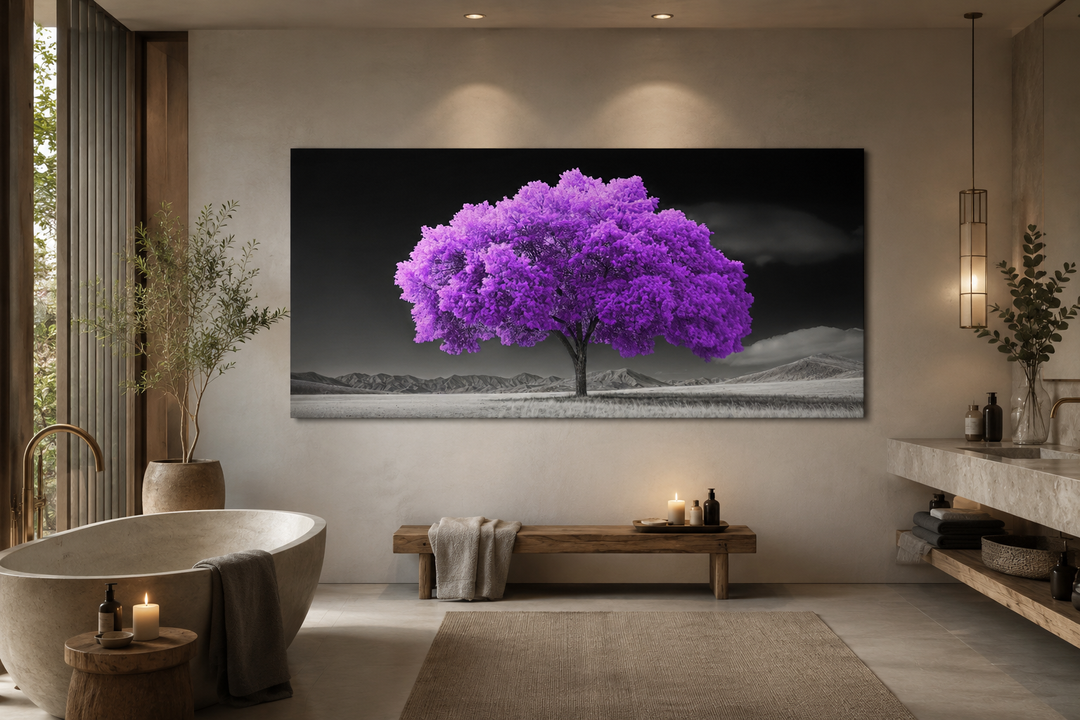 Purple tree on black and white landscape background framed canvas wall art in a modern bathroom.