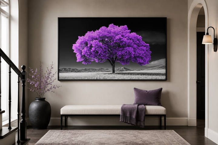 Purple tree on black and white landscape background framed canvas wall art in a modern hallway.