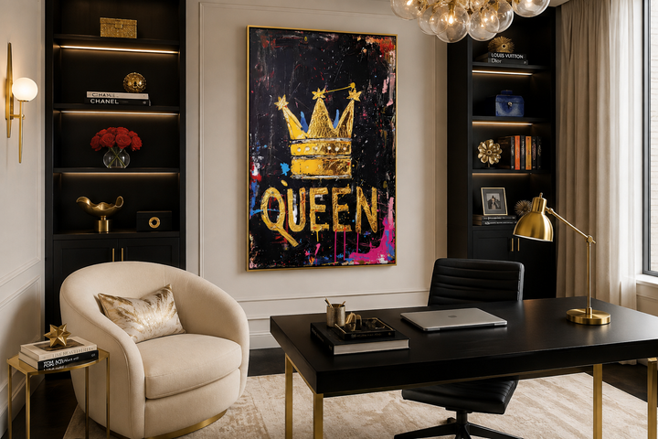 Queen wall art with a gold crown and word Queen on black canvas in a modern office setting.