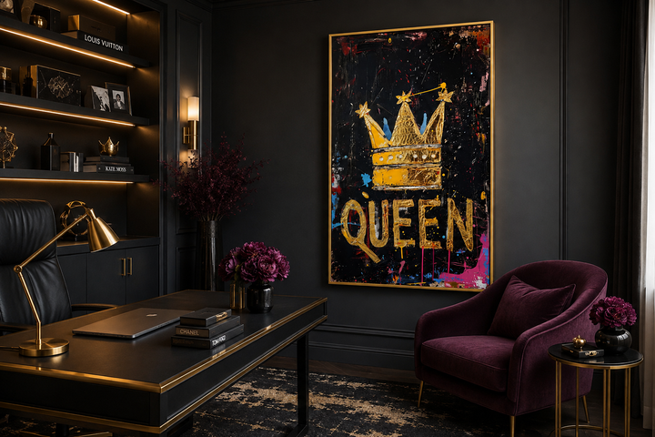 Gold crown and 'Queen' typography canvas wall art in a black and gold modern office setting.