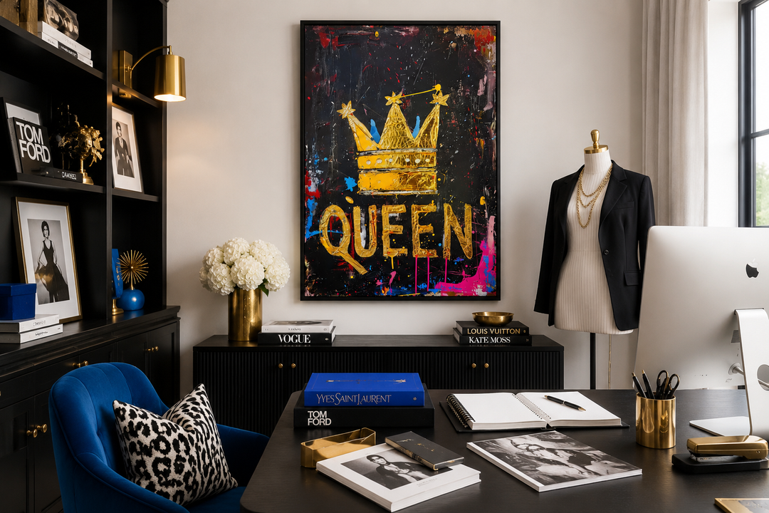 Queen wall art with a gold crown and bold typography in a stylish, modern home office setting.