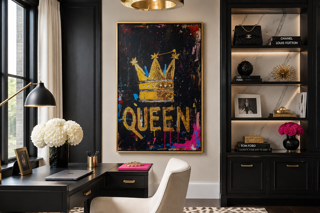 Queen wall art with a gold crown and bold typography in a modern office setting.