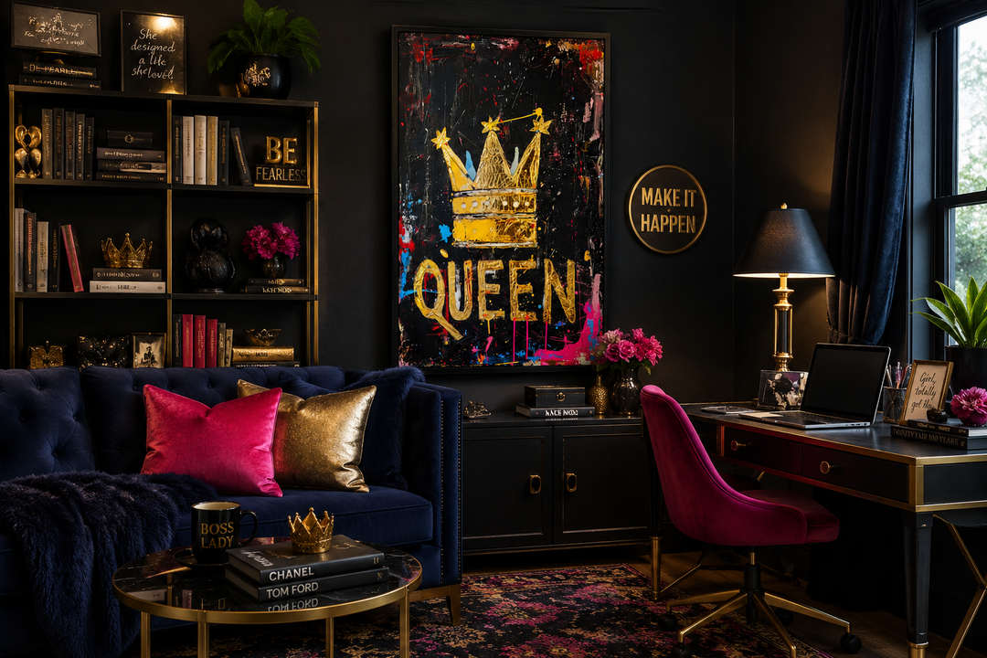 Queen Wall Art featuring a gold crown and bold typography in a stylish black and gold office.