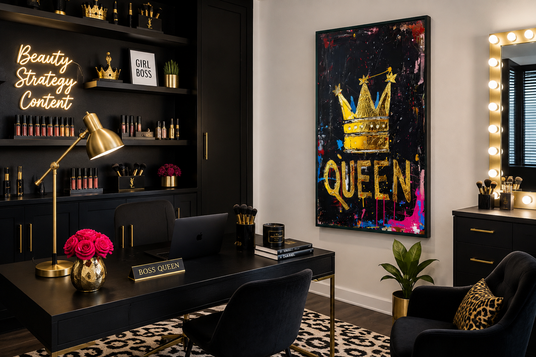 Queen wall art with a gold crown and bold typography on a black background in a modern office.