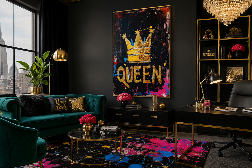 Queen wall art with a gold crown and bold typography on a black canvas in a modern office setting.