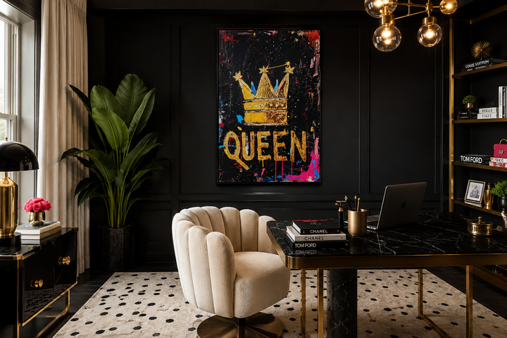 Queen wall art with a gold crown and bold typography on a black canvas in a modern office.
