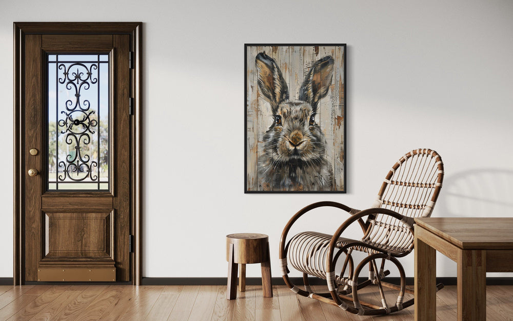 Rabbit Rustic Painting On Wood Framed Canvas Wall Art