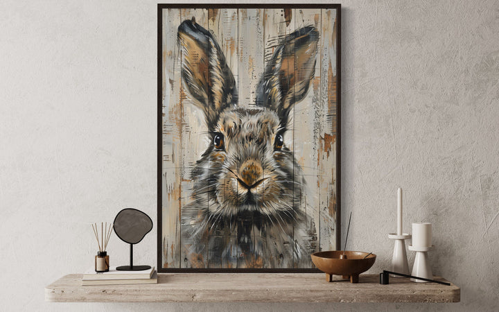 Rabbit Rustic Painting On Wood Framed Canvas Wall Art