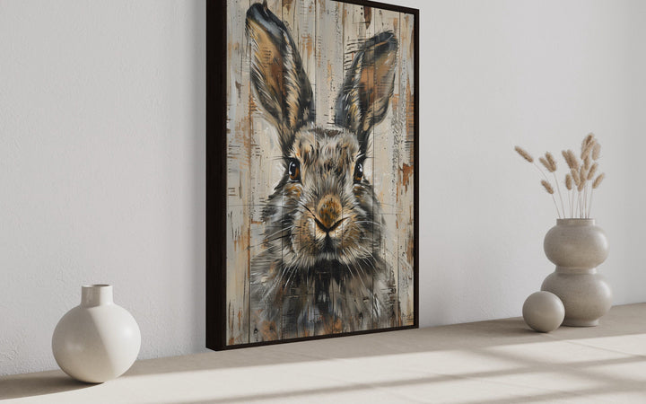 Rabbit Rustic Painting On Wood Framed Canvas Wall Art