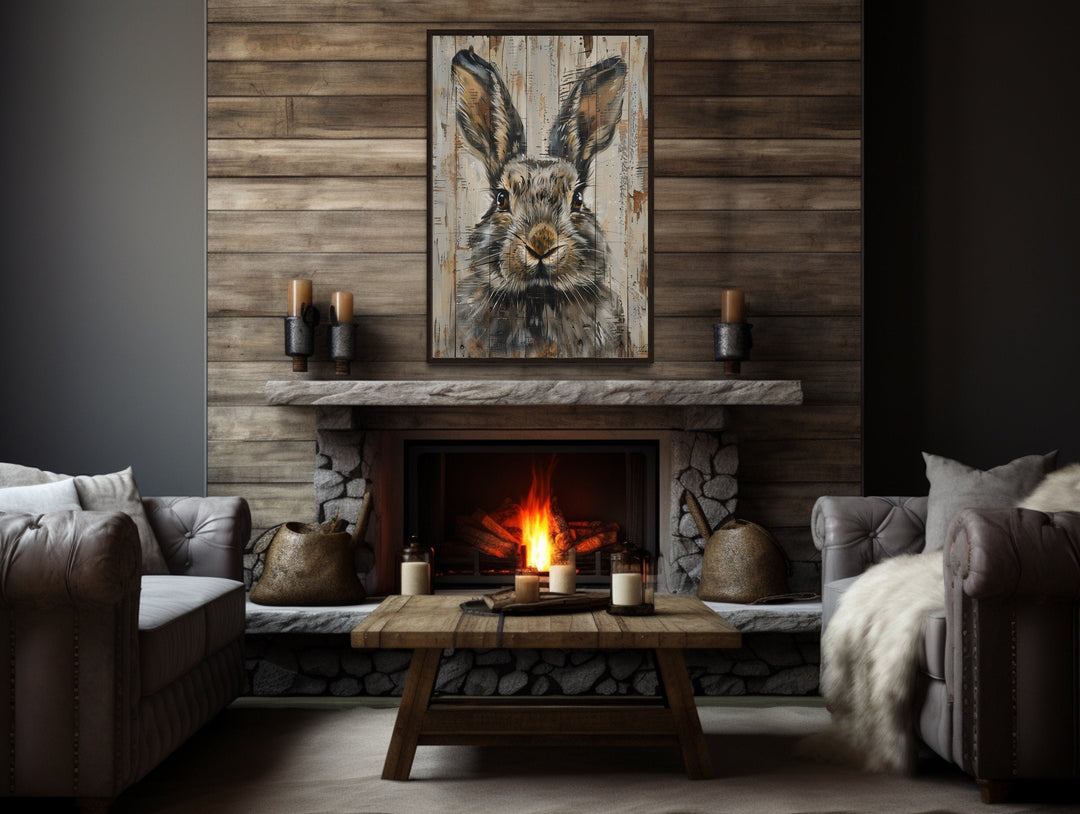 Rabbit Rustic Painting On Wood Framed Canvas Wall Art