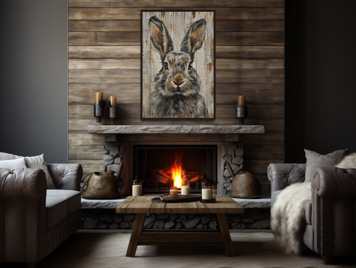 Rabbit Rustic Painting On Wood Framed Canvas Wall Art