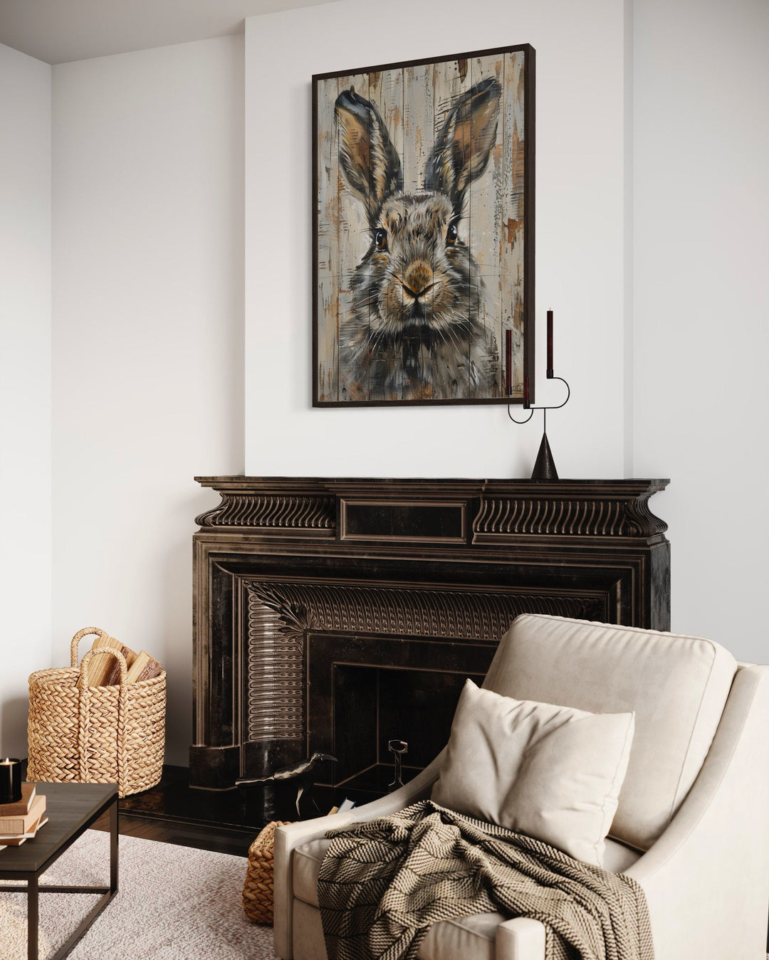 Rabbit Rustic Painting On Wood Framed Canvas Wall Art