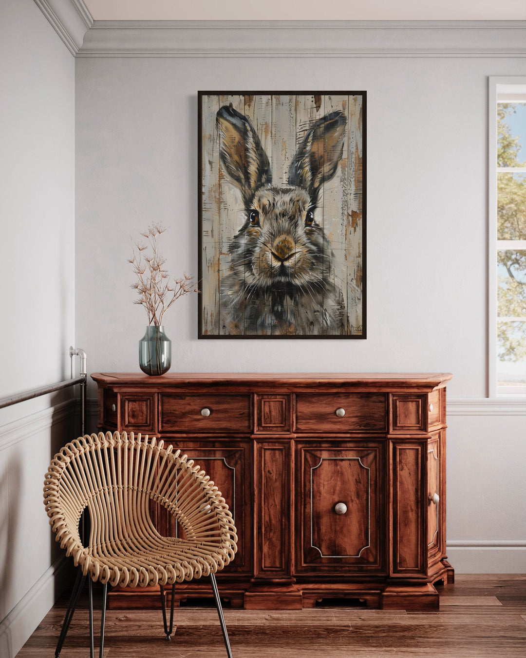 Rustic Print Rabbit Framed rustic rabbit painting on wood canvas wall art.