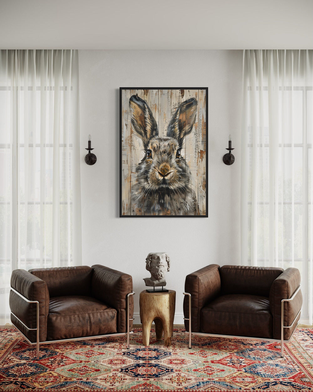 Rabbit rustic painting on wood framed canvas wall art hanging in a living room above two armchairs.