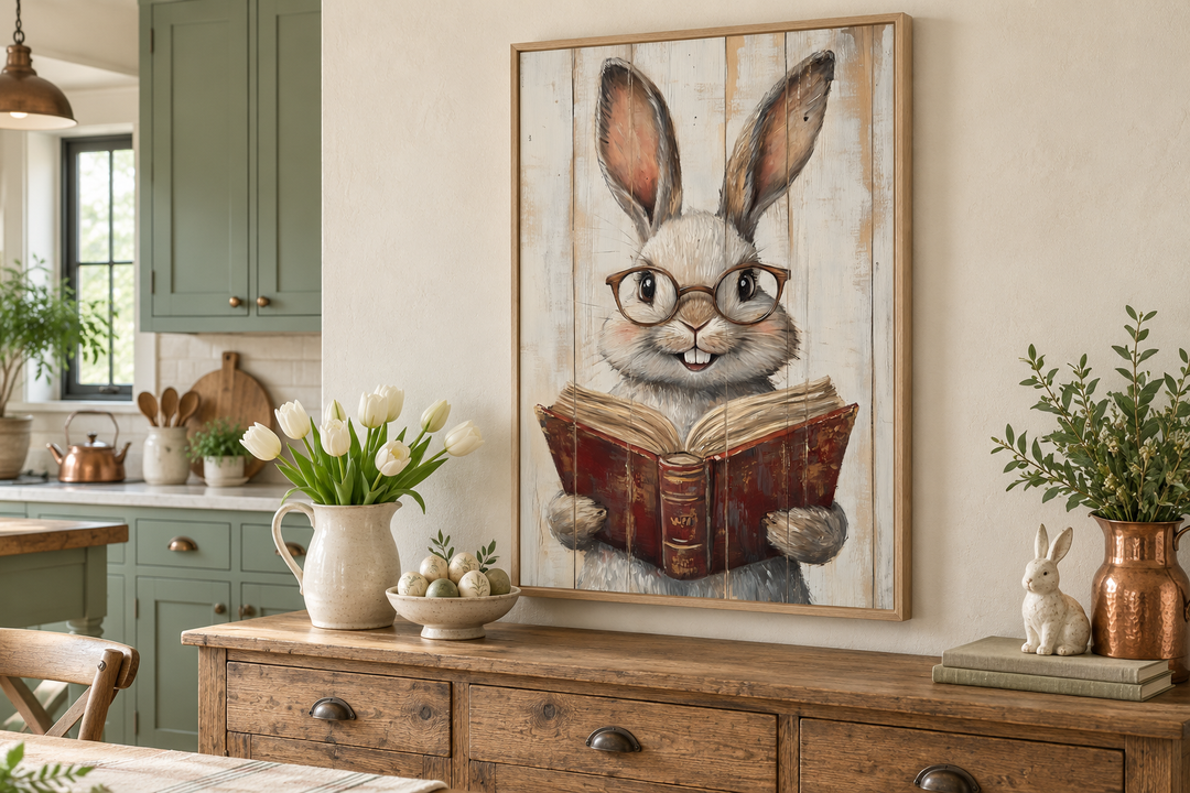 Framed canvas wall art of a smart bunny with glasses reading a book in a rustic farmhouse kitchen.
