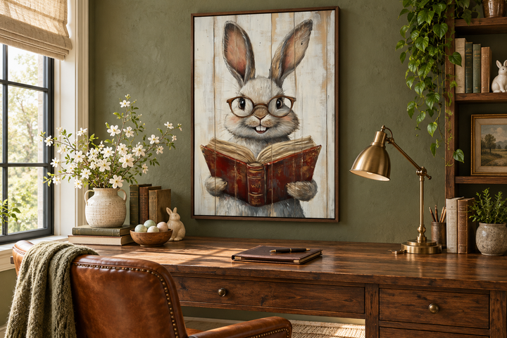 Framed canvas wall art of a smart bunny with glasses reading a book in a rustic office setting.