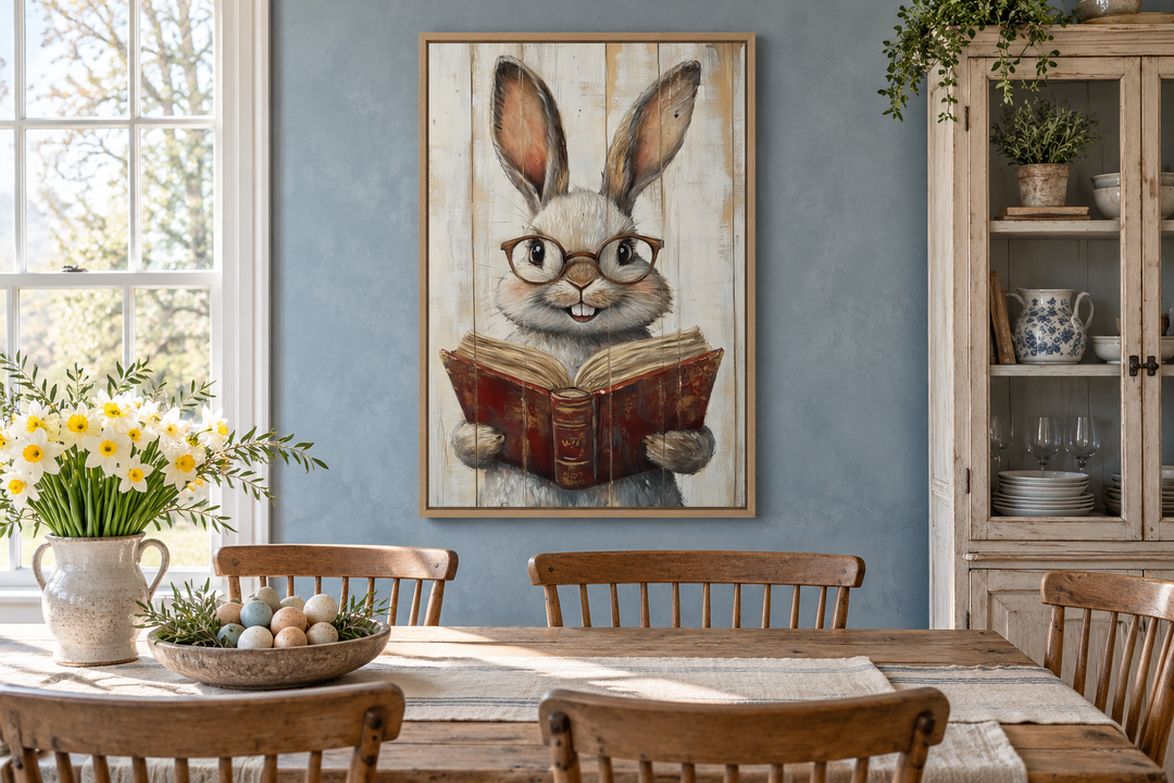 Smart Bunny Reading A Book Framed Canvas Wall Art in a rustic dining room setting.