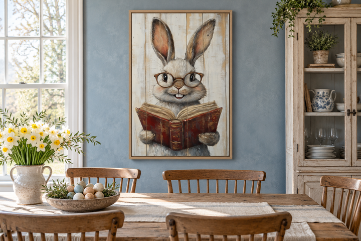 Smart Bunny Reading A Book Framed Canvas Wall Art in a rustic dining room setting.